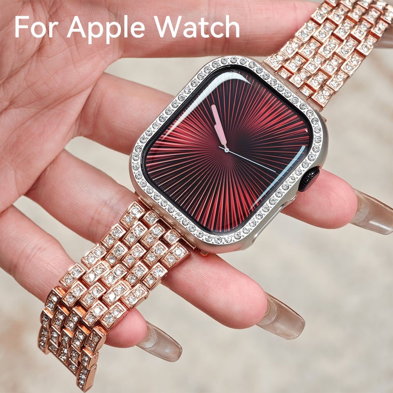 سوار Apple Watch مصنوع من المعدن للنساء بتصميم متشابك مع ألماس لامع، مناسب للعمل والمكتب واللياقة والحفلات، أنيق مع أداة سهلة لفك الوصلة وتعديل الطول، بألوان الذهبي والذهبي الوردي والفضي، بمقاسات 38 و40 و41 و42 ملم، متوافق مع السلسلة 11 و10. - Image 1