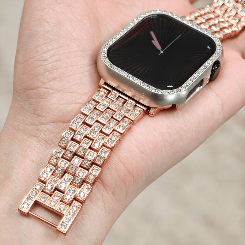 سوار Apple Watch مصنوع من المعدن للنساء بتصميم متشابك مع ألماس لامع، مناسب للعمل والمكتب واللياقة والحفلات، أنيق مع أداة سهلة لفك الوصلة وتعديل الطول، بألوان الذهبي والذهبي الوردي والفضي، بمقاسات 38 و40 و41 و42 ملم، متوافق مع السلسلة 11 و10. - Image 3