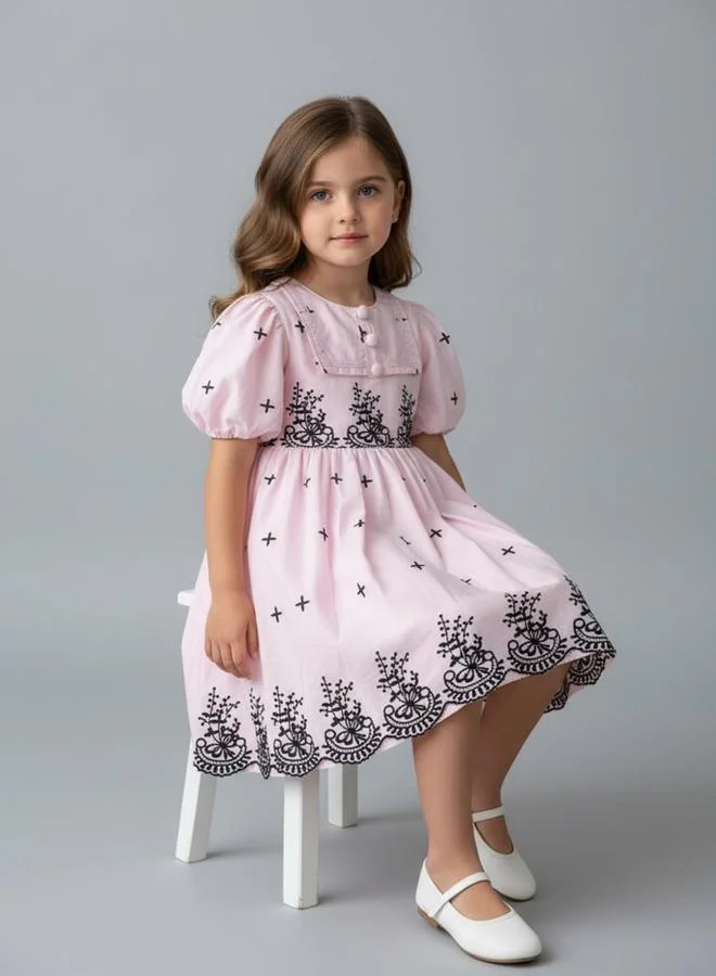 Bella Moda Girls Scallop Hem Dress with Floral Embroidery