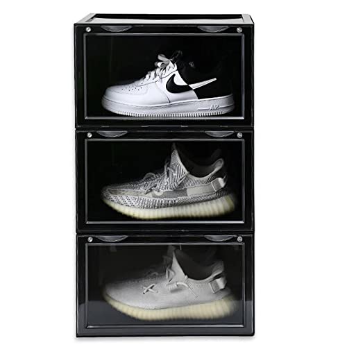 AYSIS Multipurpose 3 Pack Sneaker Containers Bins, Shoe Storage Box, Clear Plastic Stackable Shoe Organizer for Closet, Space Saving Foldable Shoe Sneaker Containers Bins Holders (Pack of 3, Black) - Image 1