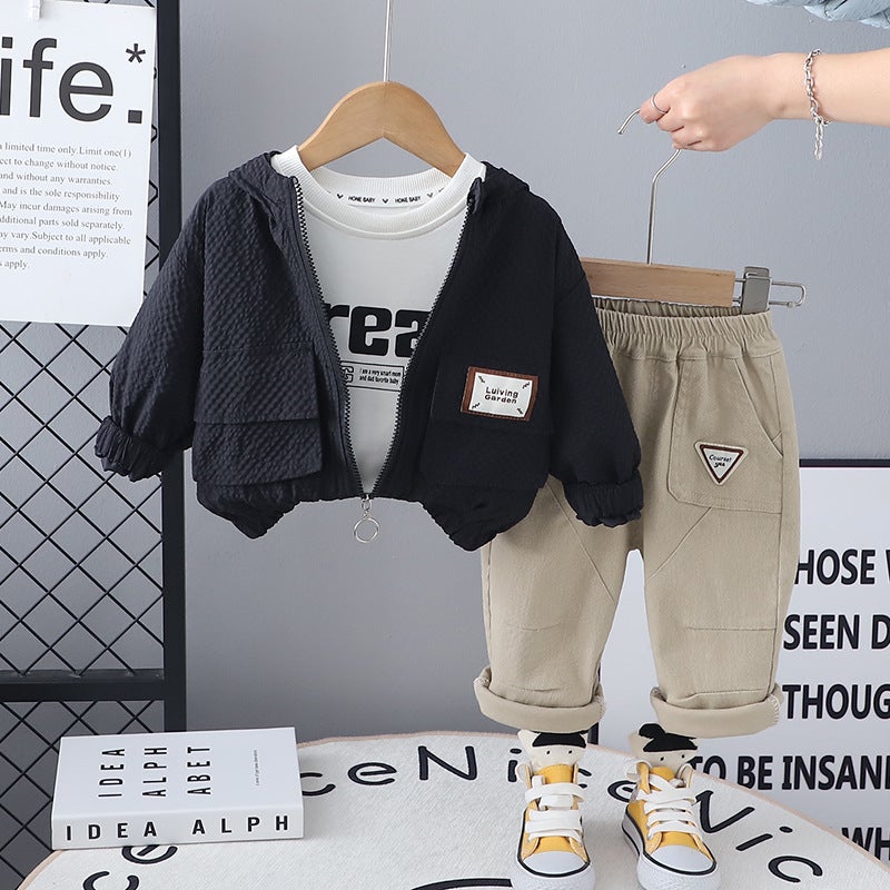 Boys Spring and Autumn Long Sleeve suit 2025 New Baby Spring Dress Handsome Casual Outfit Three-Piece Baby Childrens Wear Trendy Black a516 windproof hat long-sleeved three-piece set