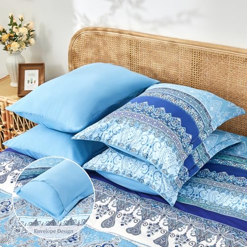 LXWORX Boho Queen Comforter Set Blue - 7 Pieces Bed in a Bag Floral Striped Comforter and Sheet Set, Soft Microfiber Bohemian Bedding Sets Queen Size for All Season (Blue,Queen) - Image 4