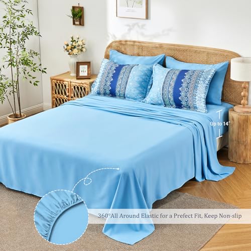 LXWORX Boho Queen Comforter Set Blue - 7 Pieces Bed in a Bag Floral Striped Comforter and Sheet Set, Soft Microfiber Bohemian Bedding Sets Queen Size for All Season (Blue,Queen) - Image 3