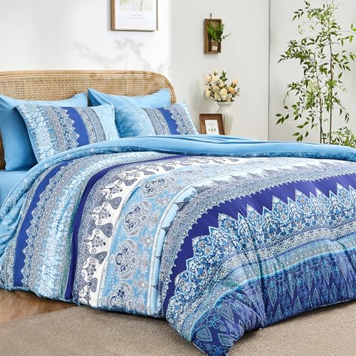 LXWORX Boho Queen Comforter Set Blue - 7 Pieces Bed in a Bag Floral Striped Comforter and Sheet Set, Soft Microfiber Bohemian Bedding Sets Queen Size for All Season (Blue,Queen) - Image 1