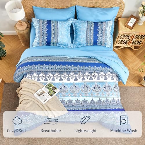 LXWORX Boho Queen Comforter Set Blue - 7 Pieces Bed in a Bag Floral Striped Comforter and Sheet Set, Soft Microfiber Bohemian Bedding Sets Queen Size for All Season (Blue,Queen) - Image 2