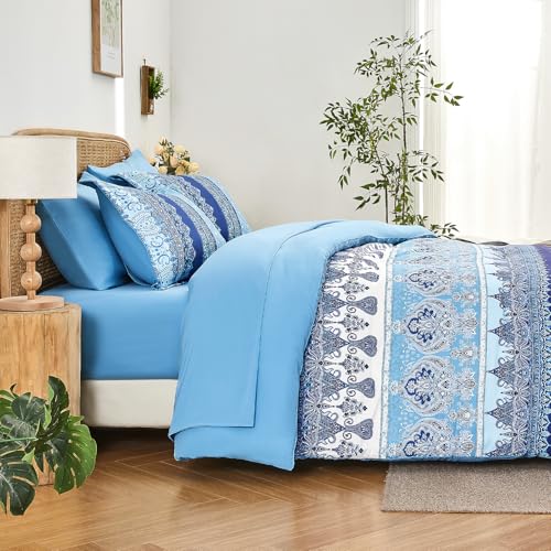 LXWORX Boho Queen Comforter Set Blue - 7 Pieces Bed in a Bag Floral Striped Comforter and Sheet Set, Soft Microfiber Bohemian Bedding Sets Queen Size for All Season (Blue,Queen) - Image 5