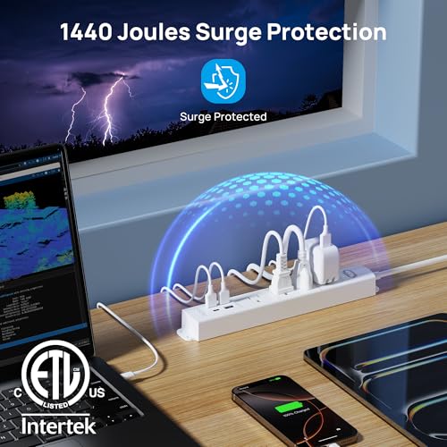 TROND Surge Protector Power Strip with USB, Ultra Thin Flat Plug 6ft Extension Cord 1625W, 3 USB A & 1 Type C, 4 AC Outlets 1440J Surge Protection ETL Listed, Wall Mount for Home Office Dorm, White - Image 5