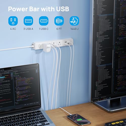 TROND Surge Protector Power Strip with USB, Ultra Thin Flat Plug 6ft Extension Cord 1625W, 3 USB A & 1 Type C, 4 AC Outlets 1440J Surge Protection ETL Listed, Wall Mount for Home Office Dorm, White - Image 2