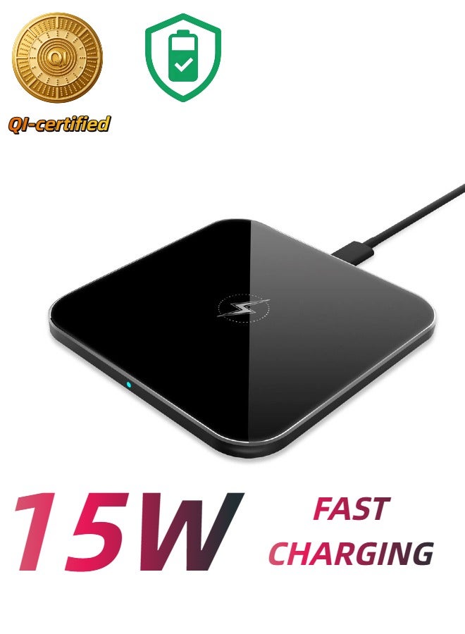 15W Fast Wireless Charger,Qi-Certified Charging Stand Compatible with iPhone 15/14/13/12 Series,Android Phones,Premium Aluminum & Glass Build,Black - Image 1