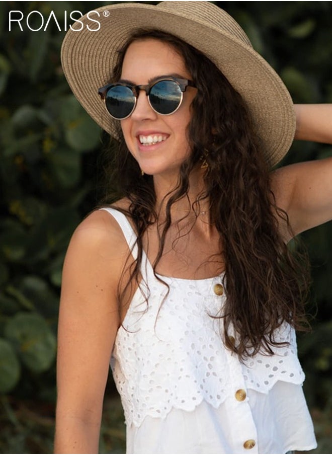 roaiss - Holiday Straw Beach Hat for Women Wide Brim Bow Ribbon Boater Hat Flat Top Classic Sun Hat for Summer Khaki - Image 1