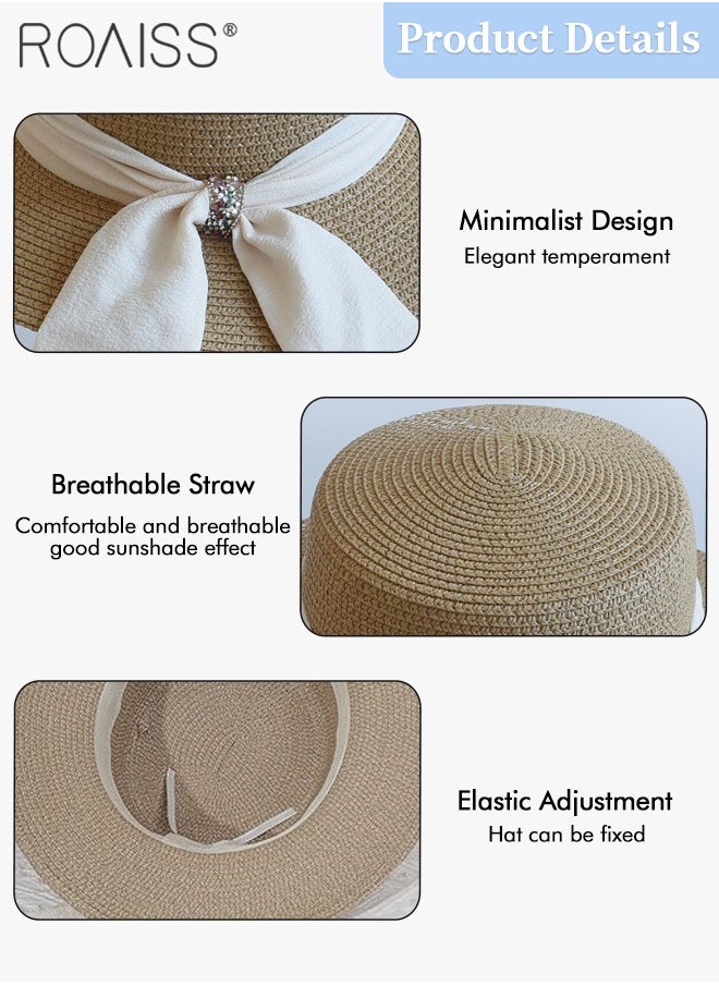 roaiss - Holiday Straw Beach Hat for Women Wide Brim Bow Ribbon Boater Hat Flat Top Classic Sun Hat for Summer Khaki - Image 1