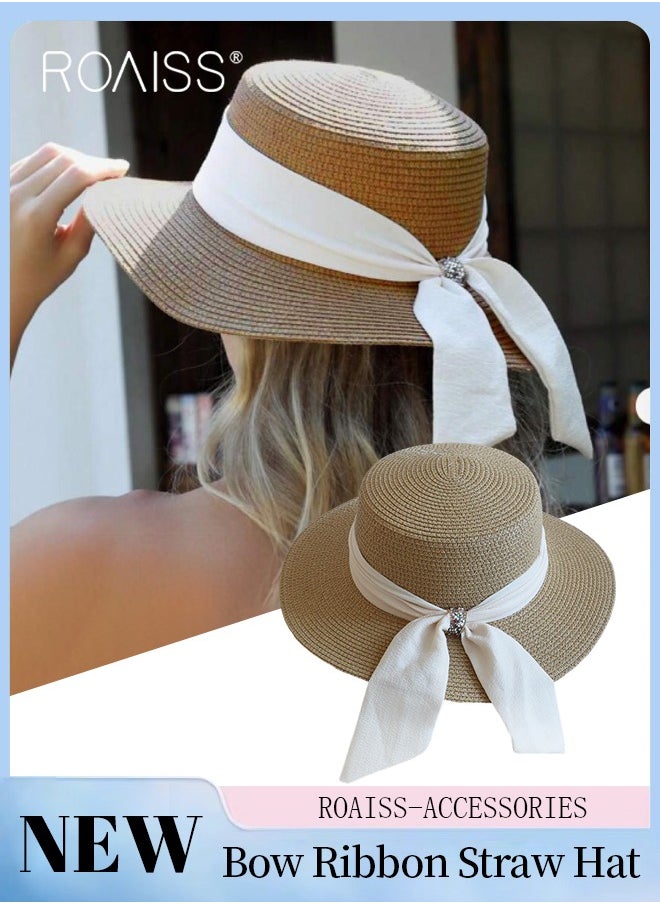 roaiss - Holiday Straw Beach Hat for Women Wide Brim Bow Ribbon Boater Hat Flat Top Classic Sun Hat for Summer Khaki - Image 1