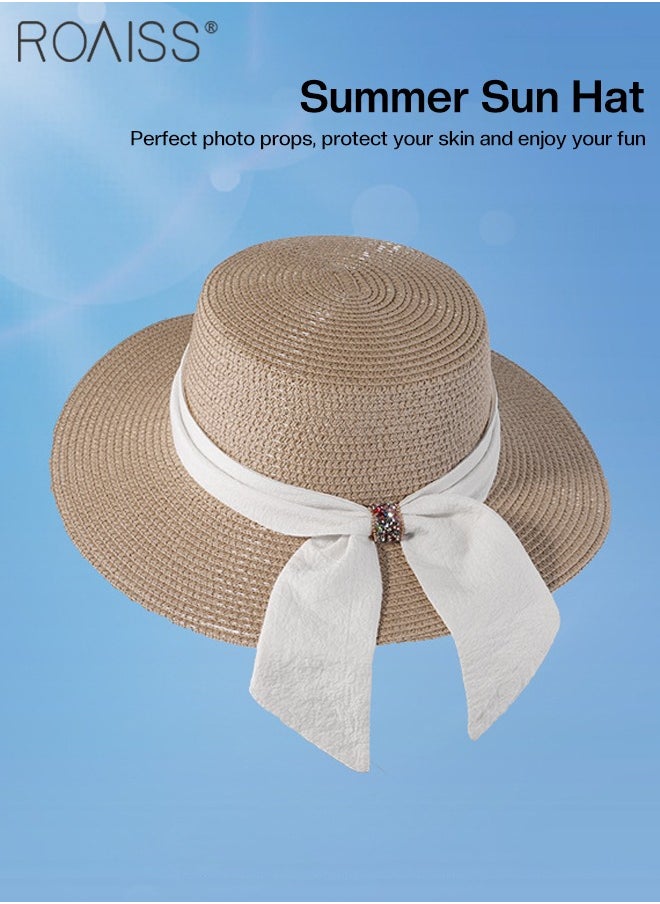 roaiss - Holiday Straw Beach Hat for Women Wide Brim Bow Ribbon Boater Hat Flat Top Classic Sun Hat for Summer Khaki - Image 1