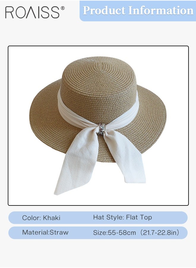 roaiss - Holiday Straw Beach Hat for Women Wide Brim Bow Ribbon Boater Hat Flat Top Classic Sun Hat for Summer Khaki - Image 1