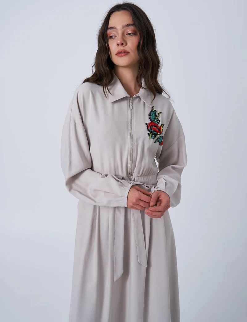 Kayra Embroidered Rayon Dress Stone