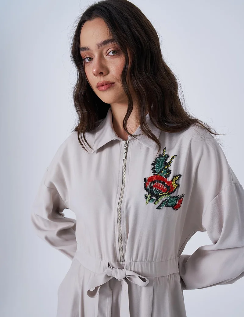 Kayra Embroidered Rayon Dress Stone