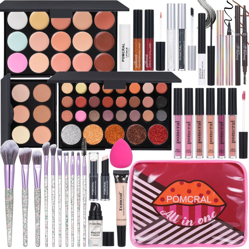 pomcral Makeup Kit For Women Full Kit Eyeshadow Eyeliner lipgloss, Lipstick Makeup brushes Mascara Eyebrow pencil Concealer Face Powder Primer make up Set For Girls Beginners - Image 1