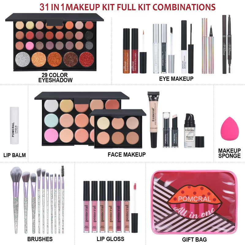 pomcral Makeup Kit For Women Full Kit Eyeshadow Eyeliner lipgloss, Lipstick Makeup brushes Mascara Eyebrow pencil Concealer Face Powder Primer make up Set For Girls Beginners - Image 2