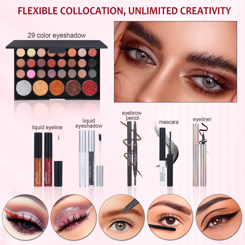 pomcral Makeup Kit For Women Full Kit Eyeshadow Eyeliner lipgloss, Lipstick Makeup brushes Mascara Eyebrow pencil Concealer Face Powder Primer make up Set For Girls Beginners - Image 3