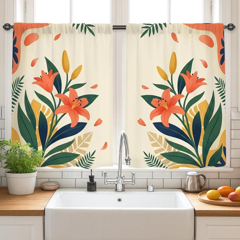 Flowers Kitchen Curtains, Botanical Modern Leaves Petals Seasonal Green Cafe Curtain Panels with Rod Pocket Window Decoration for Dining Room Breakfast Nook Sink Area 28x39 Inch - Image 2