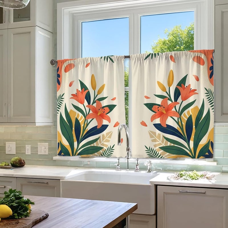 Flowers Kitchen Curtains, Botanical Modern Leaves Petals Seasonal Green Cafe Curtain Panels with Rod Pocket Window Decoration for Dining Room Breakfast Nook Sink Area 28x39 Inch - Image 4