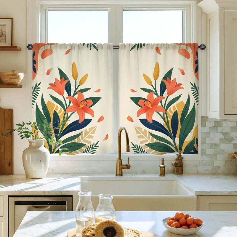 Flowers Kitchen Curtains, Botanical Modern Leaves Petals Seasonal Green Cafe Curtain Panels with Rod Pocket Window Decoration for Dining Room Breakfast Nook Sink Area 28x39 Inch - Image 1
