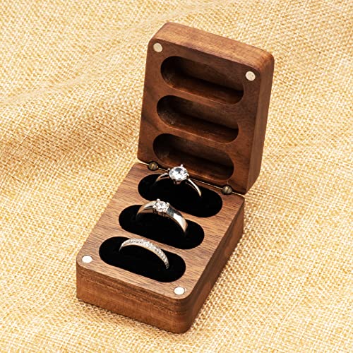 COSISO Walnut Wooden Wedding Ring Storage Box, Solid Ring Holder for 3 Slots, Black Inner - Image 5