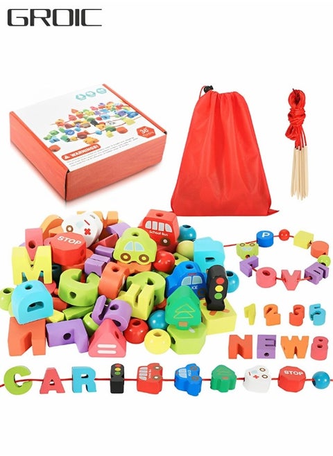 Montessori Educational Threading Toys Wooden Stringing 75 Traffic Numeral Letter Beads,preschool Stringing Fine Motor Skills Toy,diy Manual Educational Toys