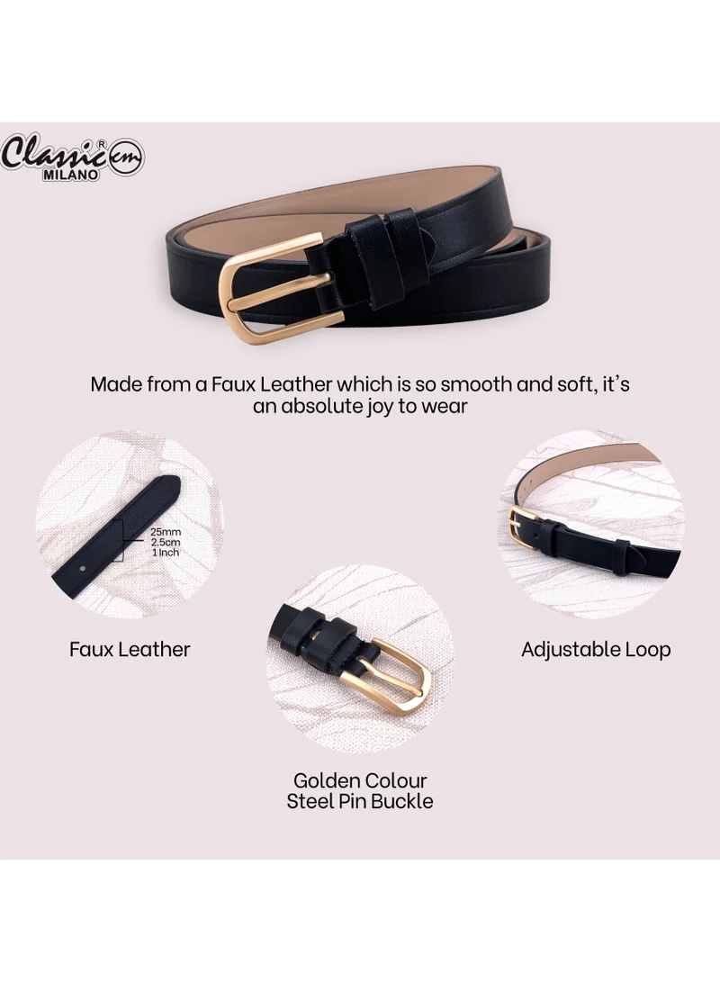Classic Milano Black (SGPU40) Classic Milano Women's Belt with Gift Box; Faux Leather Ladies Belt for Dresses, Jeans & Gowns; Stylish Womens Belt; Adjustable Girls Belt; Belt for Women | Full Length: 110 CM (Free Size - Fits up to the waist of 40 Inches / 100 CM) for Women | Best Price UAE