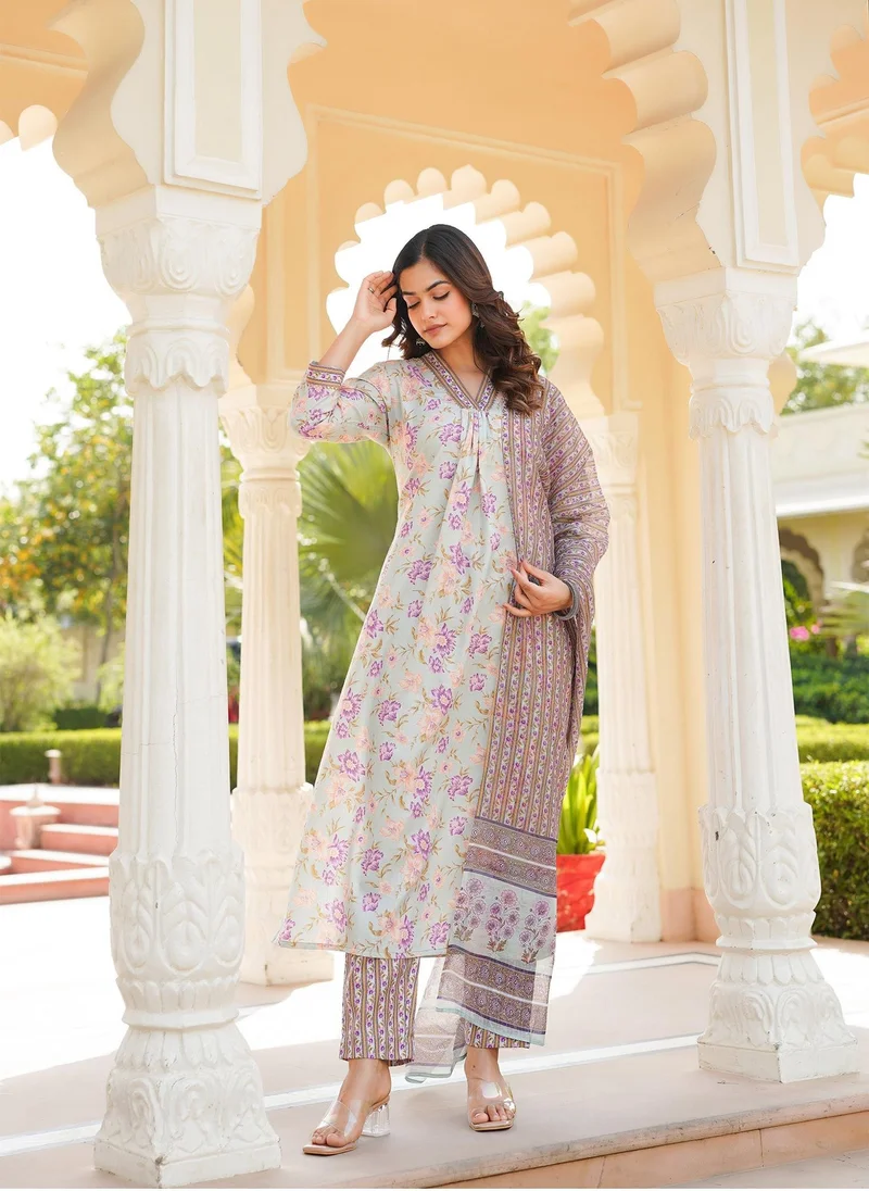 ZERESOUQ Green Rayon Blend Floral Printed Straight 3-Piece Kurta Set