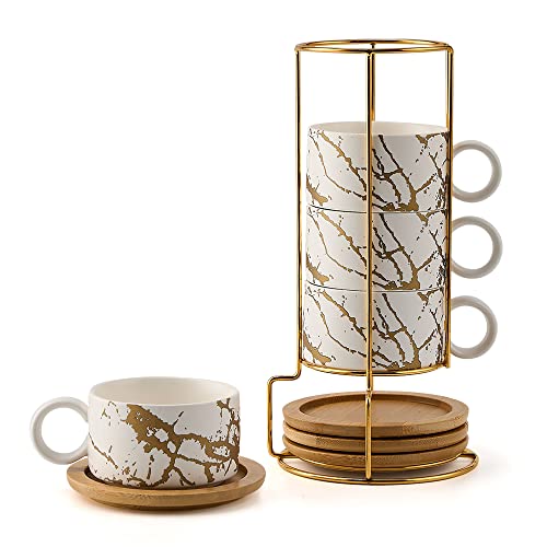 LUKA Porcelain Espresso Cup with Metal Stand, 6 Ounce Stackable Ceramic Demitasse Espresso Mugs Cappuccino Cups Set for Latte,Coffee,Cafe Mocha,Tea(Set of 4,White) - Image 1