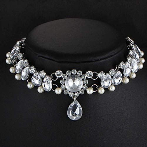 YERTTER Fashion Sparkly Womens Pearl Collar Crystal Diamond Chunky Choker Rhinestones Pendant Choker Necklace For Bridal and Womens (Silver) - Image 4