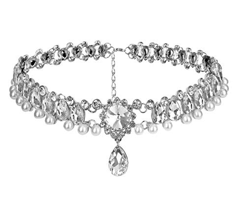 YERTTER Fashion Sparkly Womens Pearl Collar Crystal Diamond Chunky Choker Rhinestones Pendant Choker Necklace For Bridal and Womens (Silver) - Image 1
