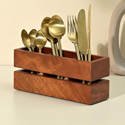 Brick Brown® Premium Wooden Cutlery Holder Caddy Organizer Stand with 3 Partitions for Flatware, Silverware, Kitchen Utensils & Tissues | Spoon Holder – Mahogany Finish (9.1 x 3.9 x 3 inch) - Image 1