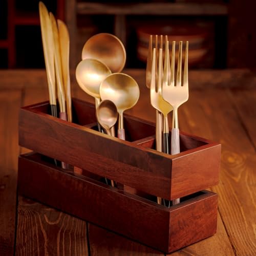 Brick Brown® Premium Wooden Cutlery Holder Caddy Organizer Stand with 3 Partitions for Flatware, Silverware, Kitchen Utensils & Tissues | Spoon Holder – Mahogany Finish (9.1 x 3.9 x 3 inch) - Image 4