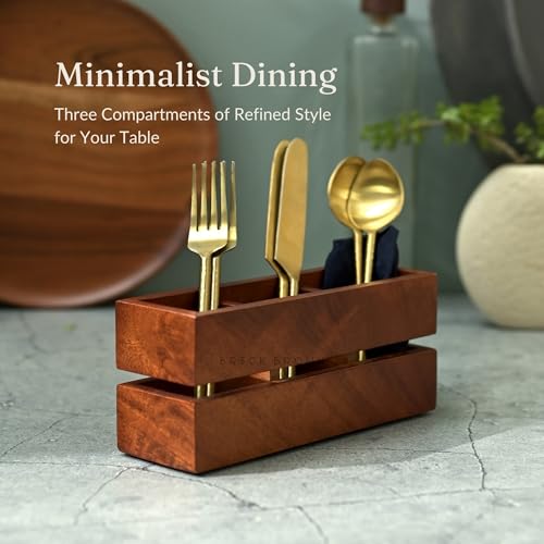 Brick Brown® Premium Wooden Cutlery Holder Caddy Organizer Stand with 3 Partitions for Flatware, Silverware, Kitchen Utensils & Tissues | Spoon Holder – Mahogany Finish (9.1 x 3.9 x 3 inch) - Image 2