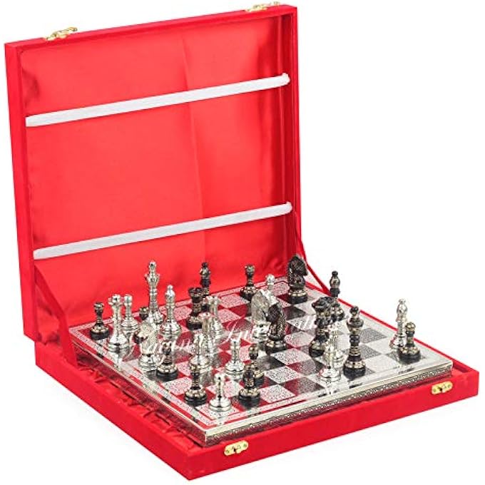 ناجينا انترناشيونال 12 مجموعة شطرنج سوداء نحاسية صلبة من قطع الشطرنج المعدنية مع لوح نحاسي كبير مجموعة جميلة مصنوعة يدويا من ألعاب الطاولة التكتيكية الإستراتيجية المجردة مع علبة تخزين المخملية الحمراء لوح فضي - Image 4