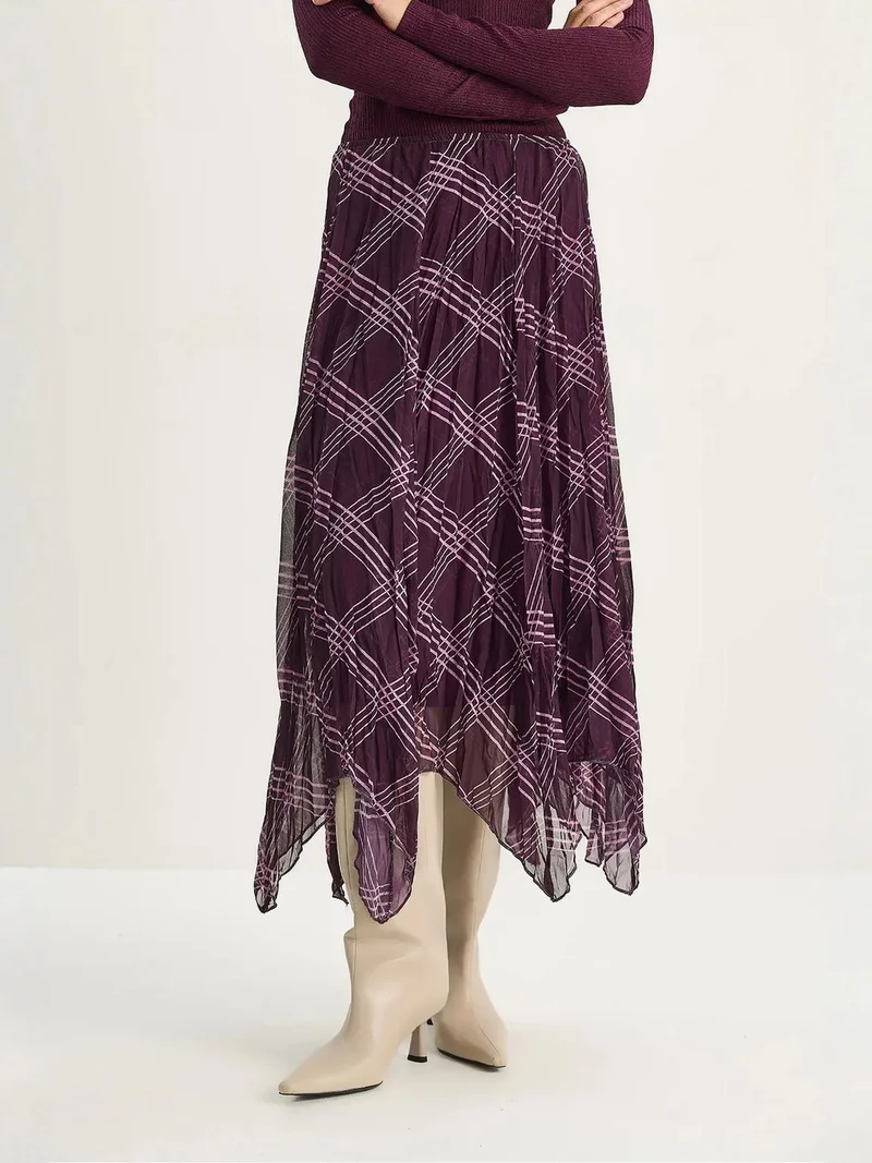 Bianco Lucci Mauve Purple LUCCI Lined Checkered Midi Skirt for Women | Best Price UAE