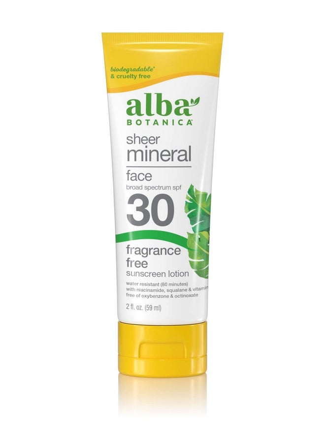 Alba Botanica Sunscreen For Face Fragrancefree Sheer Mineral Face Sunscreen Lotion Broad Spectrum Spf 30 Water Resistant And Biodegradable 2 Fl. Oz. Bottle  - Image 1