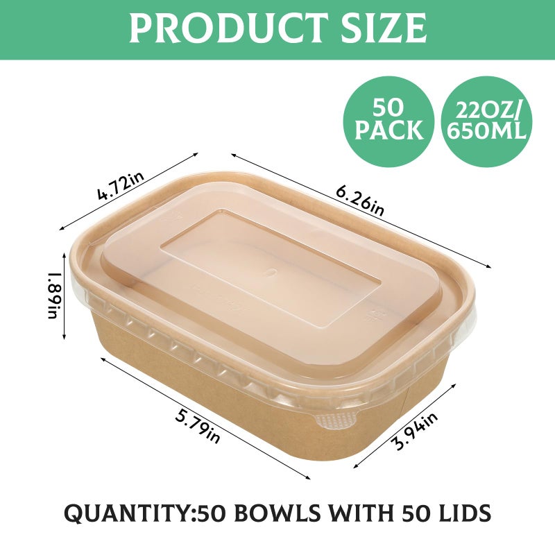 Rainmae 50 Pack 22oz Disposable Kraft Paper Bowls with Lids, Rectangle Meal Prep Containers Bulk, Large Paper Salad Bowl, Leakproof Food Containers Treat Soup Serving Bowls, Microwave Safe for Hot/Cold Food - Image 2