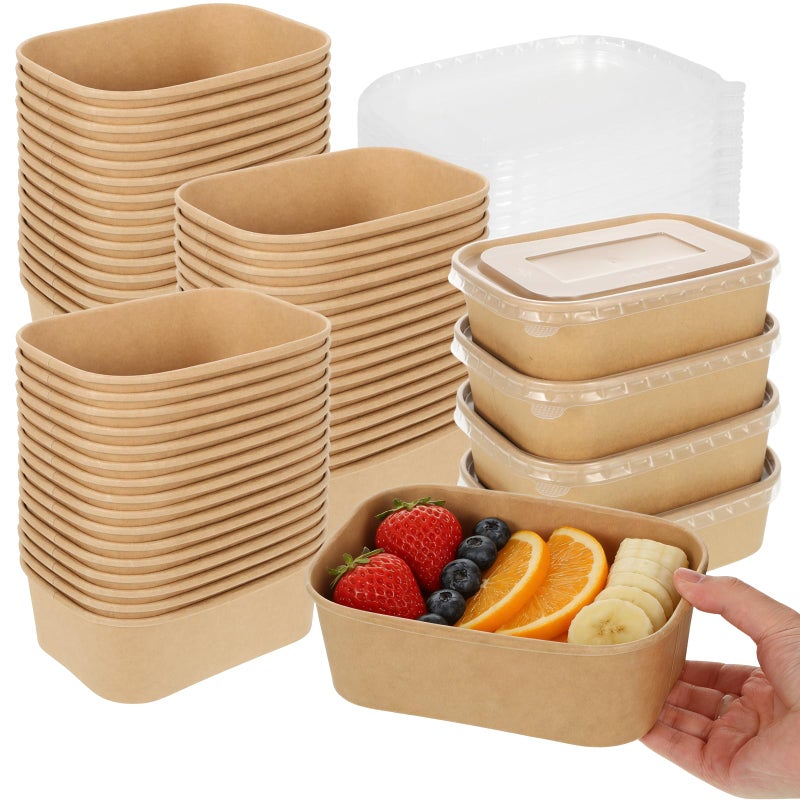 Rainmae 50 Pack 22oz Disposable Kraft Paper Bowls with Lids, Rectangle Meal Prep Containers Bulk, Large Paper Salad Bowl, Leakproof Food Containers Treat Soup Serving Bowls, Microwave Safe for Hot/Cold Food - Image 1