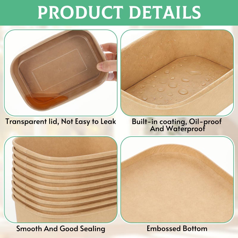 Rainmae 50 Pack 22oz Disposable Kraft Paper Bowls with Lids, Rectangle Meal Prep Containers Bulk, Large Paper Salad Bowl, Leakproof Food Containers Treat Soup Serving Bowls, Microwave Safe for Hot/Cold Food - Image 3