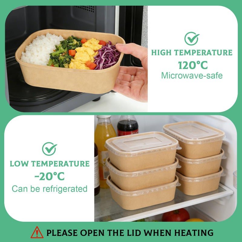 Rainmae 50 Pack 22oz Disposable Kraft Paper Bowls with Lids, Rectangle Meal Prep Containers Bulk, Large Paper Salad Bowl, Leakproof Food Containers Treat Soup Serving Bowls, Microwave Safe for Hot/Cold Food - Image 4