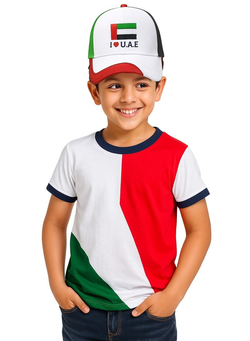 المنزل الذكي هوم سمارت قميص أبيض بنمط علم اليوم الوطني مع قبعة للأطفال احتفل باليوم الوطني لدولة الإمارات العربية المتحدة بأناقة الزي الوطني لدولة الإمارات العربية المتحدة للمناسبات الوطنية الاحتفالية - Image 1