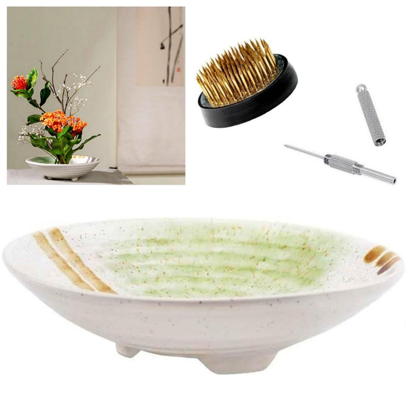 Japanese Ikebana Vase Kit Flower Shallow Container Ceramics Ikebana Vase with 157inch Flower Frog Floristry Kenzan and Floral Frog Needle Straightening Tool White and Green Bowl