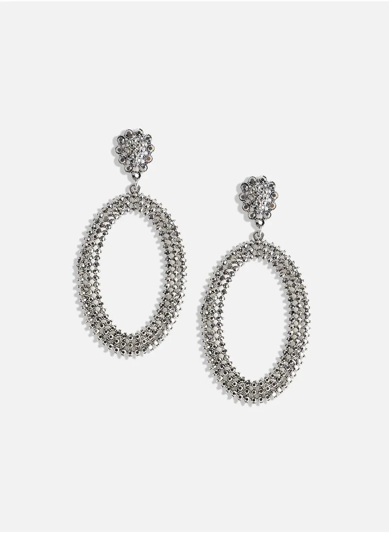 SOHI Intricate Crystal Oval Drop Earrings - Silver