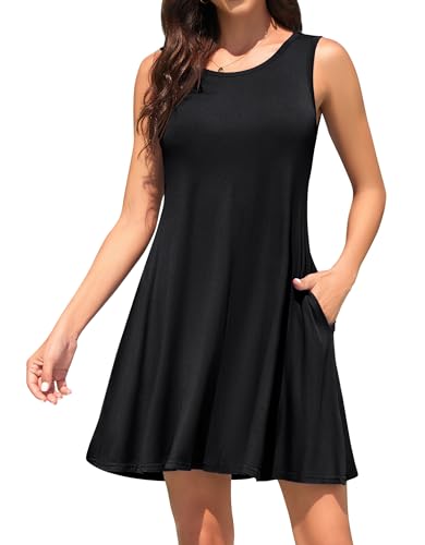 WEACZZY Women Summer Sleeveless Pockets Casual Swing T Shirt Dresses Beach Cover up Plain Pleated Tank Dress,Black,L - Image 2