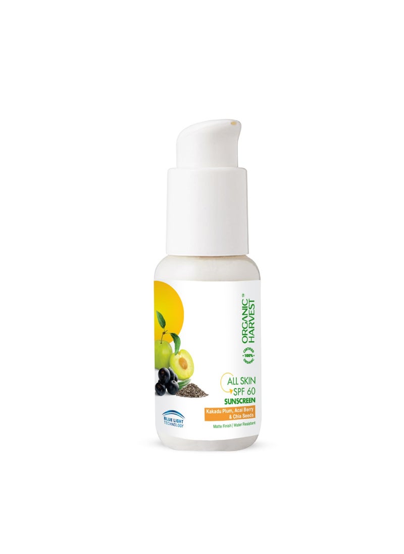 Organic Harvest All Skin SPF 60 Sunscreen Kakadu Plum Acai Berry  Chia Seeds  Sunscreen for Dry  Oily Skin  100 American Certified Organic  50gm 