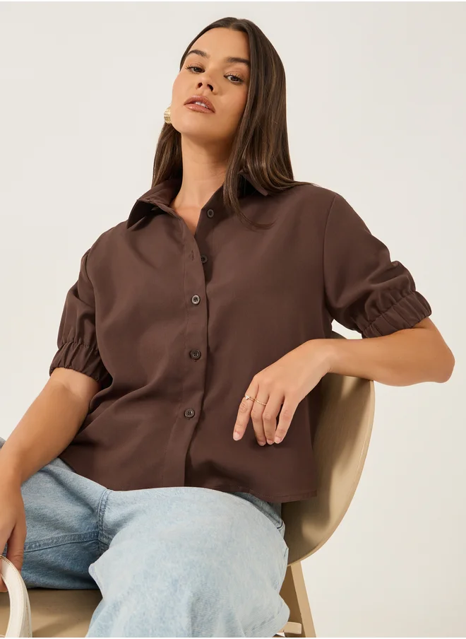 ستايلي Solid Puff Sleeve Boxy Fit Spread Collar Shirt