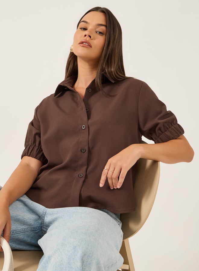Styli Solid Puff Sleeve Boxy Fit Spread Collar Shirt  - Image 1